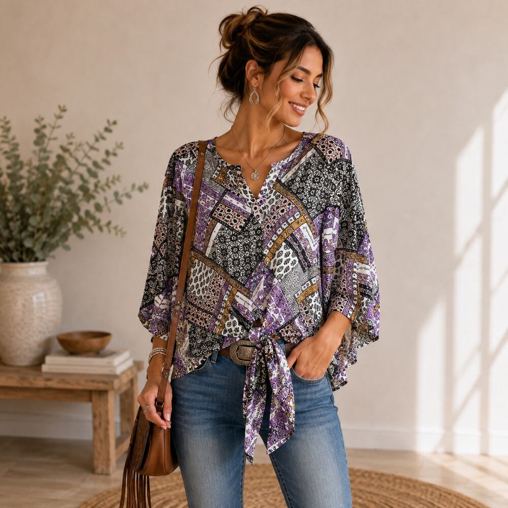 Just Polly New York Crop Top Women's Size XS Rayon Oversized Boho Kimono Sleeve
